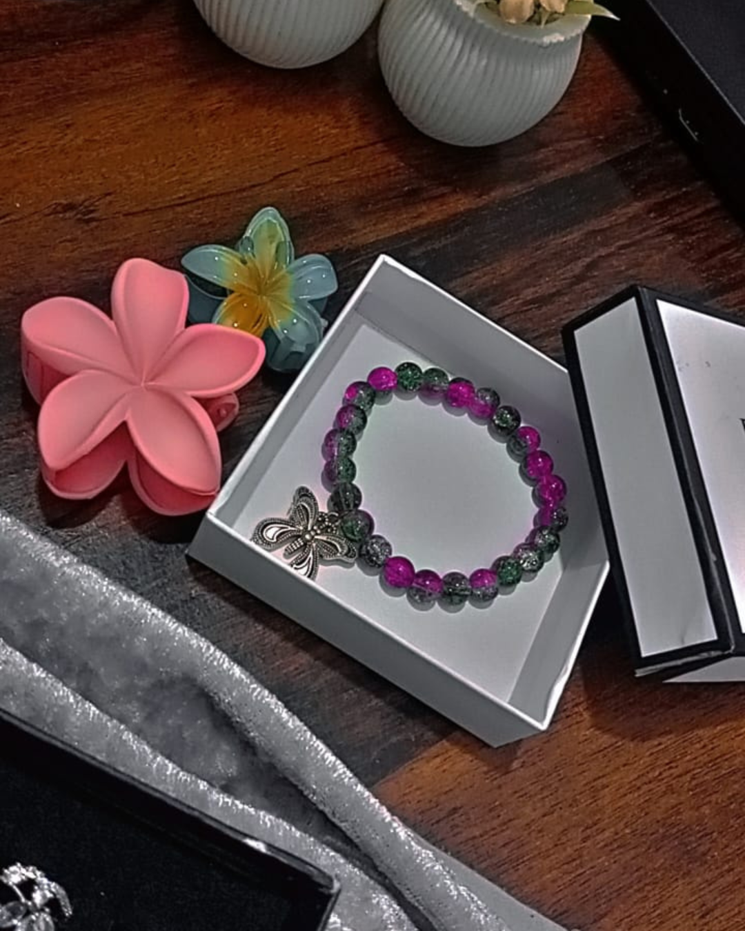 Blossom Glow Trio Set – Adjustable Butterfly Beaded Bracelet with Big & Small Flower Catchers