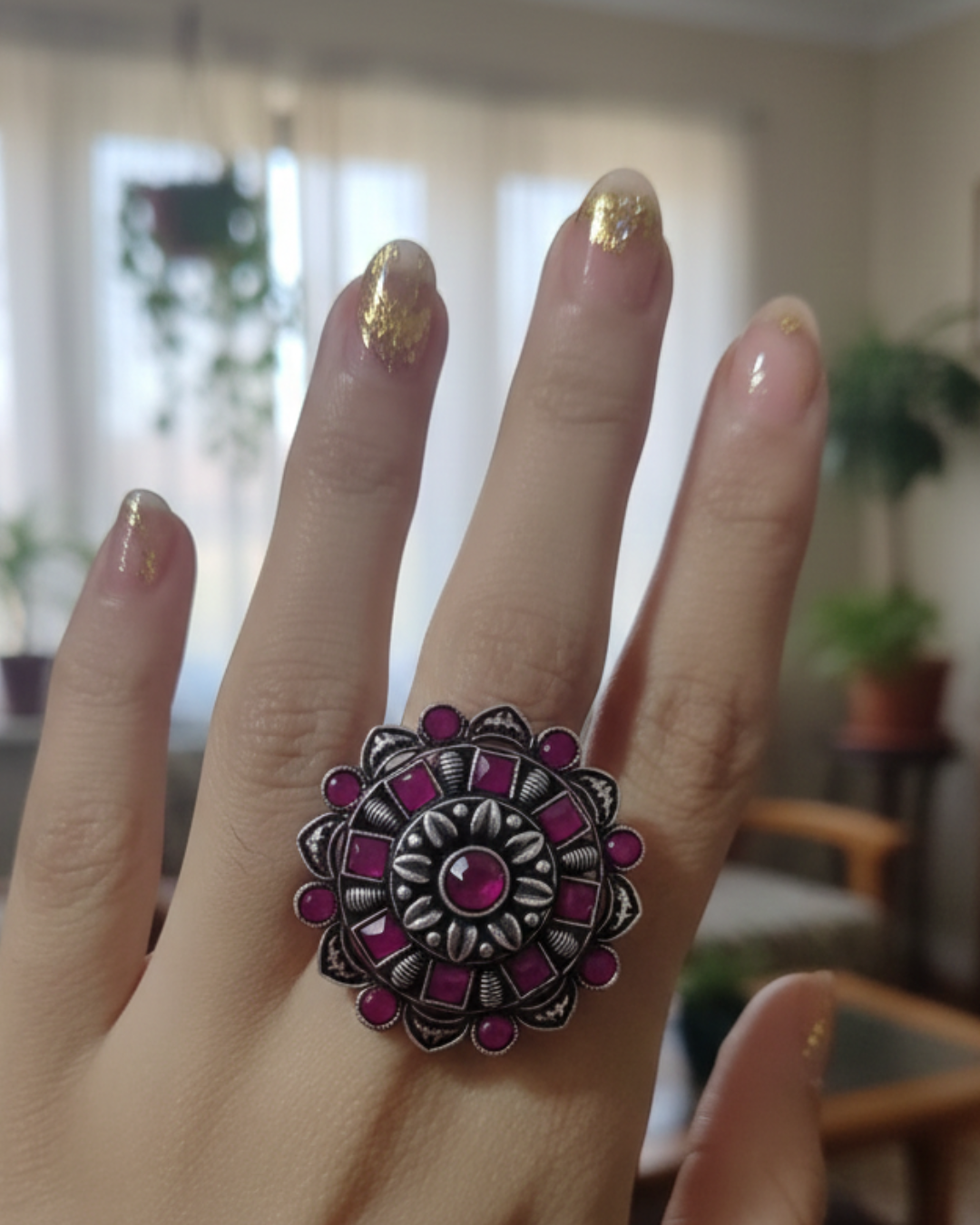 Elegant Pink Flower Ring – Stylish Adjustable Fashion Ring for Women