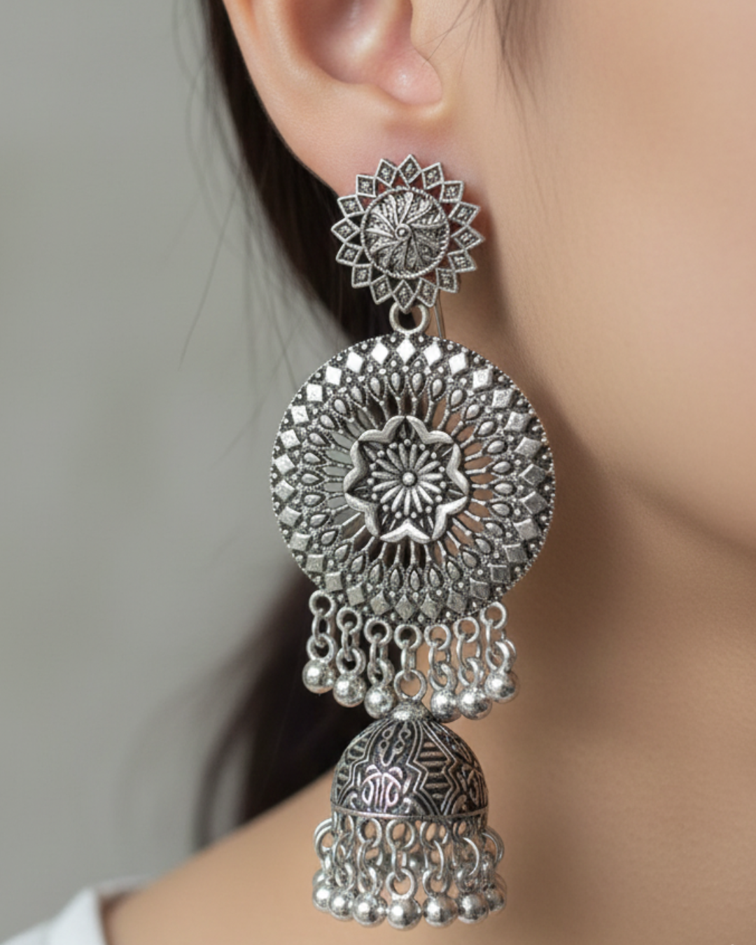 Silver Pearl Minakari Jhumkas – Elegant Traditional Earrings for Women