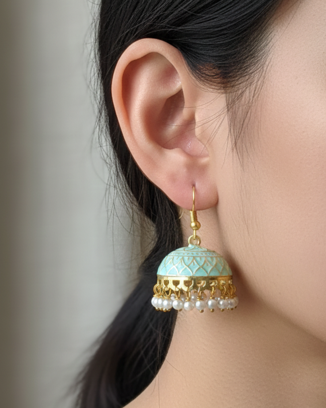 Beautiful Ferozi Coloured Jhumkas – Traditional Elegant Earrings for Women