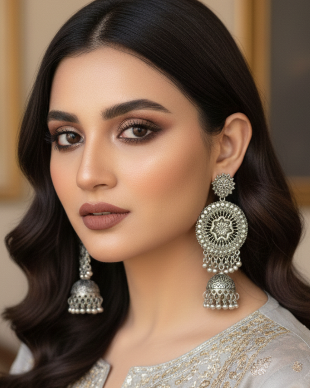 Silver Pearl Minakari Jhumkas – Elegant Traditional Earrings for Women