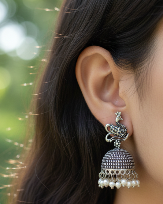 Silver Peacock Jhumkas for Women – Elegant Traditional Earrings
